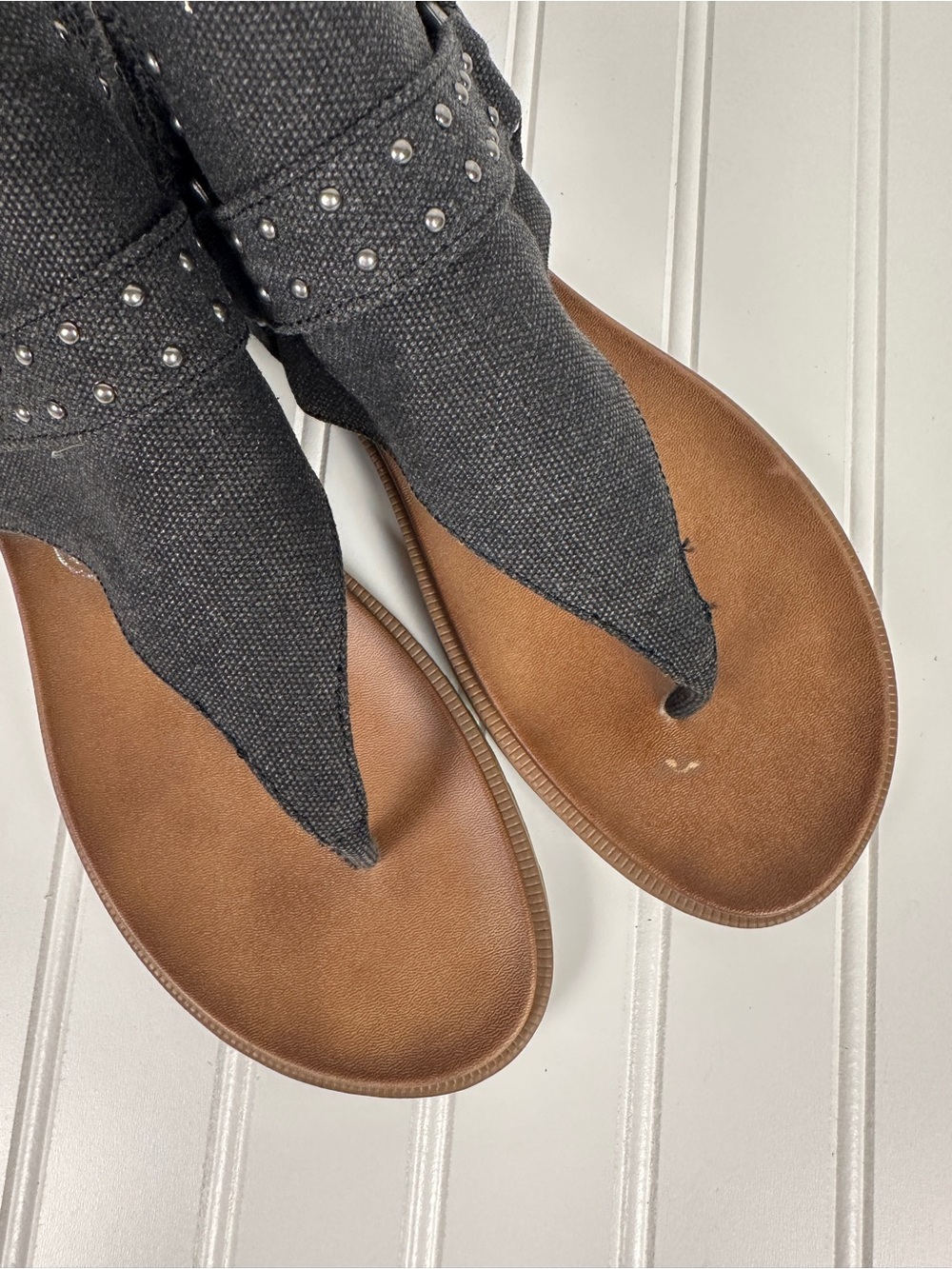 Very G Black Studded Canvas Thong Sandals with Brown Footbed - Picture 5 of 6